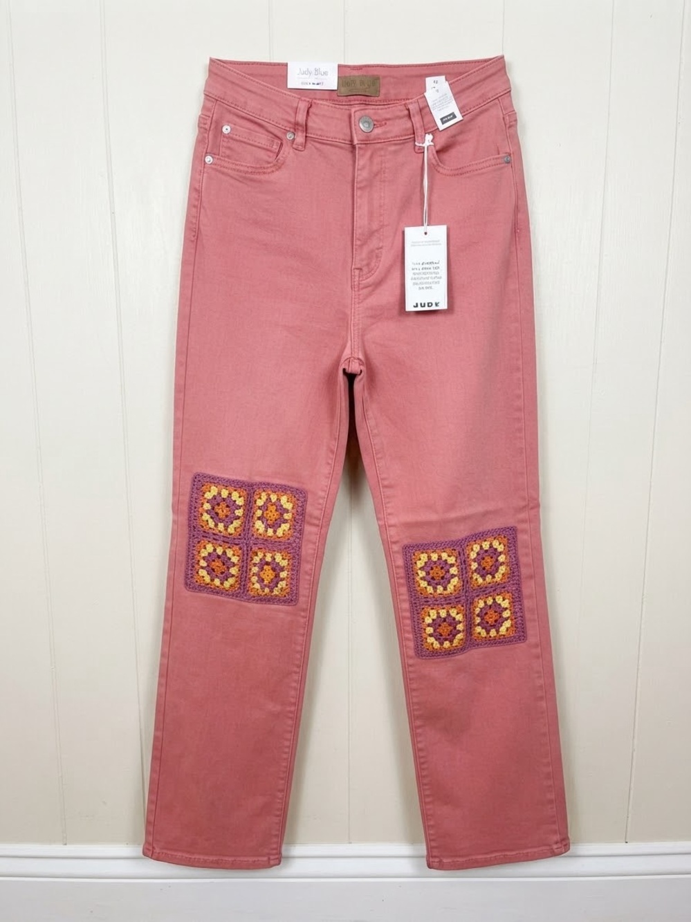 Judy Blue Women's Dusty Pink Straight-Leg Jeans with Crochet Knee Patches